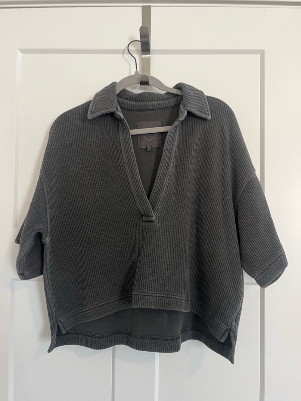 aerie Dark Gray Ribbed Collared V-Neck Short-Sleeve shirt and Skirt set